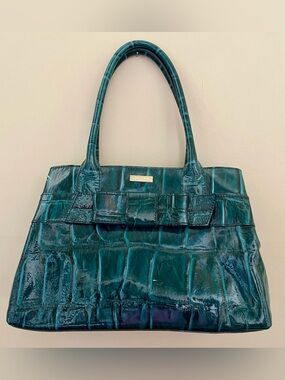 Kate Spade New York Elena Knightsbridge Dark Teal Croc Patent Tote Bag with Bow